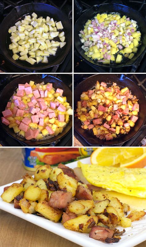 Making Spam Breakfast Hash Fried Spam And Eggs, Breakfast Spam Recipes, Spam Breakfast Recipes, Spam Recipes Dinners, Spam Recipes, Good Morning Breakfast, Breakfast Hash, Hashbrown Recipes, Easy Lunch Recipes