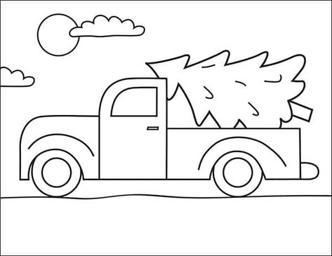 Christmas Truck Drawing Easy, Truck With Christmas Tree Drawing, Truck Drawings Easy, Christmas Truck Drawing, Drawing Christmas Easy, Drawing Ideas Christmas Easy, Easy Christmas Embroidery Patterns, Christmas Car Drawing, How To Draw A Truck