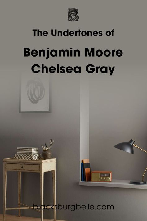 This is another important aspect of every paint color. Undertones can determine whether or not a chosen paint color works in a specific decor style. Chelsea Gray has brownish-violet undertones that keep it grounded. Chelsea Gray Coordinating Colors, Chelsea Gray Sherwin Williams, Charcoal Paint Colors, Chelsea Gray Benjamin Moore, Bm Chelsea Gray, Gray Accent Wall Bedroom, Benjamin Moore Chelsea Gray, Dark Gray Paint Colors, Color Undertones