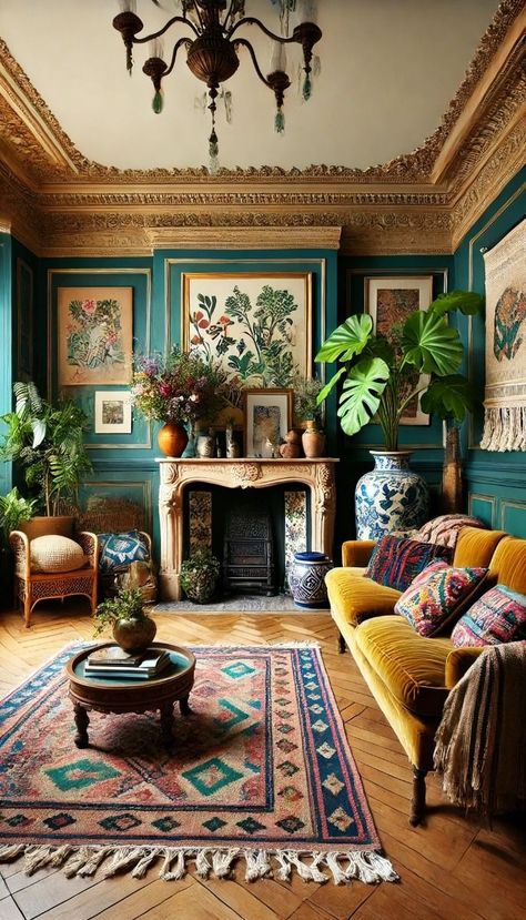 Eclectic French Provincial, Yellow Velvet Sofas, Classic Bohemian Decor, Boho Mustard Living Room, Maximalist Living Room With Fireplace, Maximalist Decor Basement, Mustard Yellow And Teal Living Room, Colourful Vintage Living Room, Maximalist Decor Fireplace