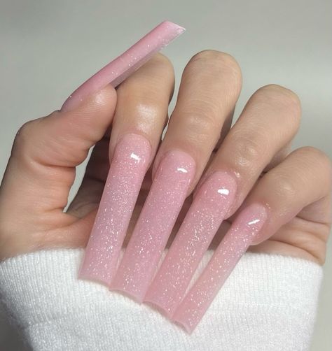 Long Square Acrylic Nails Pink Glitter, Plain Nails With Glitter, Long Light Pink Nails, Long Pink Acrylic Nails, Pink Glittery Nails, Glittery Acrylic Nails, Pink Sparkle Nails, Baby Pink Nails, Glitter Nails Acrylic