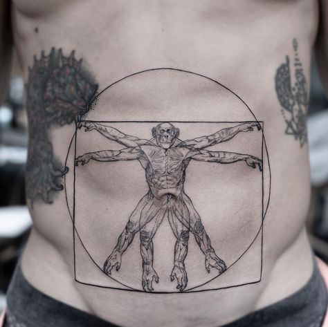 Vitruvian Monkey . #oozytattoo #oozy Vitruvian Man Tattoo, Angelo Tattoo, Ankle Tattoo Men, Evolution Tattoo, Ancient Art Tattoo, Korean Tattoo Artist, Native Tattoos, Clever Tattoos, Vitruvian Man