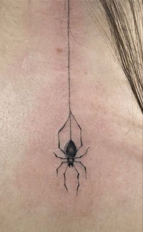 Elegant Spider Tattoo, Spider Ear Tattoo, Spider Tattoo Fine Line, Spiderweb Tattoo Shoulder, Spider Neck Tattoo, Spider Tattoo Ribs, Cute Tiny Spider Tattoos, Spider Tattoos, Line Work Spider Tattoo