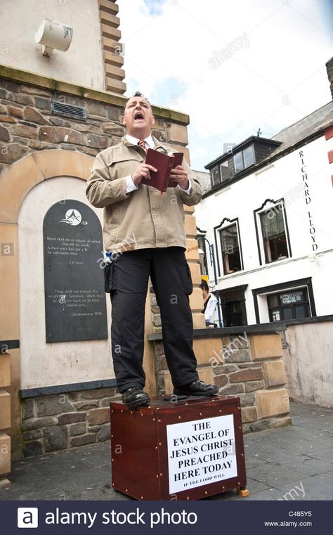 Download this stock image: A 'Born Again' Christian man standing on a box preaching on the street, Aberystwyth Wales UK - C485Y5 from Alamy's library of millions of high resolution stock photos, illustrations and vectors. Aberystwyth Wales, Street Preaching, Old Time Religion, Born Again Christian, Wales Uk, Christian Men, Man Standing, Writing Inspiration, A Box