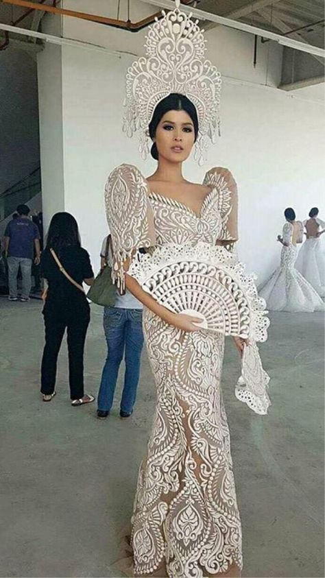 Filipiniana gown dress butterfly sleeves fan crown horn lace Modern Filipiniana Gown, Filipiniana Wedding Dress, Latest Wedding Gowns, Modern Filipiniana Dress, Filipiniana Wedding, Online Wedding Dress Shopping, Filipino Wedding, Filipino Fashion, Filipiniana Dress