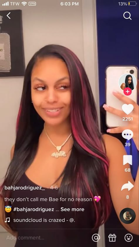 Straight Hair With Pink Highlights, Black Wigs With Pink Highlights, Red Peekaboo Quick Weave, Pink And Brown Highlights In Black Hair, Pink Highlight In Black Hair, Pink And Brown Quick Weave, Pink Highlights Sew In, Pink And Black Sew In Leave Out, Jet Black Hair With Pink Highlights