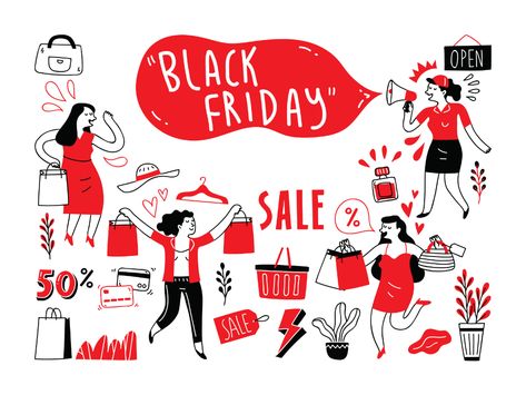 Black Friday Illustration, What Is Black Friday, Friday Illustration, Black Friday Sale Design, Doodle Illustrations, Vector Illustration People, Black Friday Design, Illustration People, Bargain Hunter