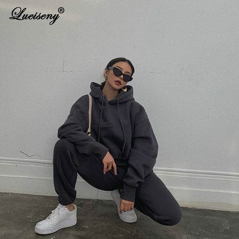 Cheap Women's Sets, Buy Quality Women's Clothing Directly from China Suppliers:LUEISENY Women Outfits Autumn Winter Women's Tracksuit Oversized Hoodie And Pants Casual Sport Suit two piece set women mujer Enjoy ✓Free Shipping Worldwide! ✓Limited Time Sale ✓Easy Return. Wide Leg Pant Suit, Oufits Casual, Bodycon Midi Skirt, Skirt And Sneakers, Polyester Pants, Sports Sweatshirts, Tracksuit Set, Tracksuit Women, Jogger Set