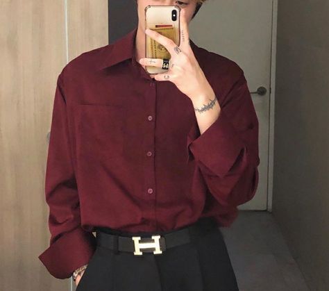 Maroon And Black Outfit Men, Guys Button Up Shirts Outfits, Red Fancy Outfit Men, Maroon Button Up Shirt Men Outfit, Black And Red Men Outfit, Aesthetic Red Outfits Men, Red Guy Outfits, Maroon Red Outfit, Christmas Outfits Aesthetic Men