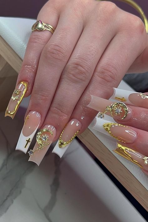 Nails fit for a queen! These striking long cutout-shaped nude nails are adorned with opulent gold charms, creating a luxurious and elegant look. The intricate white French and gold embellishments, along with delicate jewels, elevate this chic design to a whole new level of sophistication. Get ready to turn heads and leave a lasting impression with this stunning manicure! // Photo Credit: Instagram @the.vanilla.nails Super Cute Acrylic Nails, Cute Acrylic Nails Designs, Girly Habits, House Interior Makeover, Growth Tattoos, Nails 23, Brush Techniques, Nails Brush, White Nails With Gold