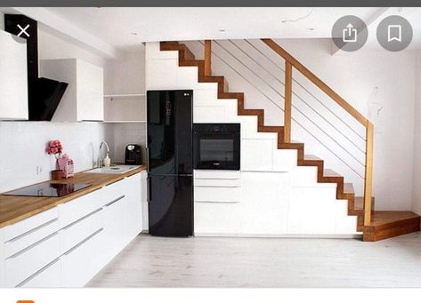 Kitchen Near Stairs, Kitchen Under Stairs, Stairs In Kitchen, Desain Pantry, House Floor Design, Stair Case, Sophisticated Decor, Kitchen Room Design, House Stairs