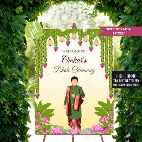 Dhoti Ceremony South Indian ceremony sign and Invites Dhoti Ceremony Invitation, Dhoti Ceremony, Thread Ceremony, Indian Ceremony, Printable Photo Props, Wedding Caricature, Ceremony Invitation, Ceremony Sign, Wedding Ceremony Signs