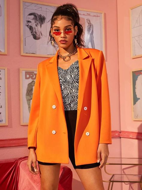 Orange Blazer Outfits, Women Blazers, Orange Blazer, Neon Outfits, Green Box, Causual Outfits, Blazer Outfits, Breasted Blazer, Double Breasted Blazer