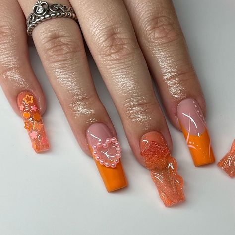 Esther Spirit • Luxury at your fingertips | Orange freestyle • #nails #nailsnailsnails #nailsofinstagram #nailsoftheweek #nailsoftheday #nailsonfleek #artist #artistry… | Instagram Y2k Orange Nails, Orange Nails Aesthetic, Unique Orange Nail Designs, Orange 90s Nails, Aura Nails Orange, Orange Nails Design, Orange Airbrush Nails, Orange Acrylic Nails, Orange Nail Designs