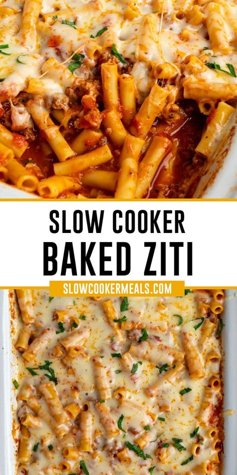 Close up of baked ziti in a slow cooker. Crockpot Sunday Dinner, Slow Cooker Pasta Bake, Crock Pot Ziti, Sausage Crockpot Recipes, Slow Cooker Baked Ziti, Sausage Slow Cooker, Slow Cooker Pasta Recipes, Crockpot Pasta Recipes, Slow Cooker Baking