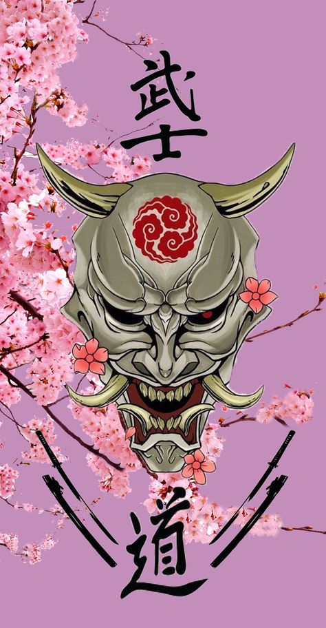 Japanese Yokai Wallpaper, Bushido Wallpaper Iphone, Japanese Oni Wallpaper, Samurai Mask Wallpaper, Samurai Wallpaper Aesthetic, Yokai Wallpaper, Oni Mask Wallpaper, Wallpaper Iphone Japanese, Hanami Wallpaper