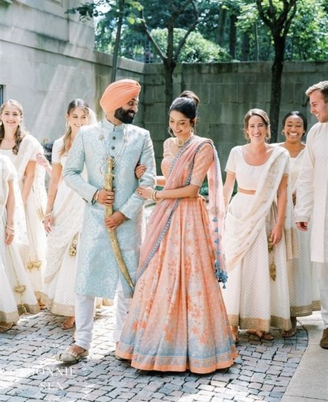 Blue Wedding Decor Indian, Hindu Wedding Color Schemes, Desi Wedding Color Schemes, Hindu Bridesmaids Outfits, Indian Wedding Colour Palette, Peach Lehenga Color Combos, Indian Wedding Color Palette, Indian Wedding Color Schemes, Peach Color Wedding