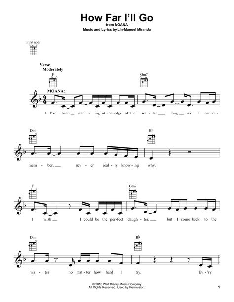 Moana sheet music.  How Far I'll Go by Lin-Manuel Miranda - Ukulele - Guitar Instructor How Far Ill Go Ukulele, Learning Ukulele, How Far Ill Go, Alessia Cara, Disney Music, Manuel Miranda, Sheet Music Pdf, Lin Manuel Miranda, Lin Manuel