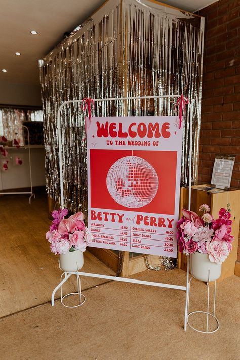 70s Disco Wedding Bubear Photography Welcome Sign Frame Flowers #wedding #weddingsing Design Wedding Decoration, 70s Wedding Welcome Sign, Colourful Wedding Table Settings, Disco Wedding Sign, Disco Flower Wedding, 70s Wedding Aesthetic Disco, Disco Ball Welcome Sign, Bohemian Engagement Party, 50s Wedding Decor