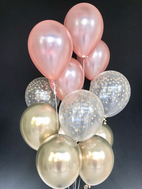 "ROSE GOLD Confetti Gold Balloons is great for Bridal Balloons, Baby Shower Balloons, Wedding Balloons, Birthday Decorations and Chrome Balloons are so amazing! Can't go wrong with this Rose Gold Confetti 12 Pack!! This listing includes: 12 Pack 11\" Balloons 4 Rose Gold 4 Gold Confetti Printed Clear 4 Chrome Gold  *This mylar balloon is self sealing and can be inflated with helium or air. (When inflated with air the balloon will not float.)  *IMPORTANT BALLOONS CAN BE A CHOKING HAZARD!!  *DO NO Golden Anniversary Party Decorations, Rose Gold Decorations, Balloons Birthday Decorations, Bridal Balloons, Gold Baby Shower Decorations, Chrome Balloons, Balloons Galore, Elephant Balloon, Bridal Shower Balloons