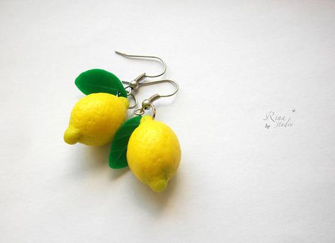 Lemon Earrings, Fresh Fruit Jewelry, Yellow & Green Juicy Citrus Jewellery, Summer Drop Earrings, Polymer Clay Lemon, Bright Yellow Earrings Lemon Earrings, ดินปั้น Polymer Clay, Quirky Earrings, Fruit Jewelry, Food Earrings, Funky Earrings, Jewelry Summer, Clay Jewelry Diy, Steel Earrings