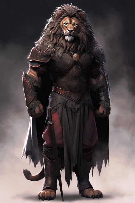 Lion Human Hybrid Character Design, Traveller Rpg Aslan, Leonin Dnd Barbarian, Animal Folk Dnd, Lion Dnd Character, Dnd Leonin Character Art, Lion Character Design Human, Leonin D&d, Leonin Paladin