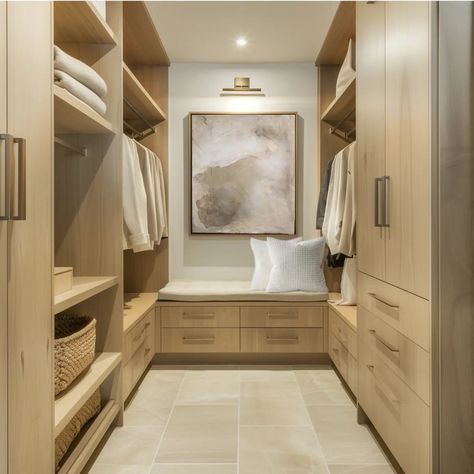 Step into luxury every morning with a new walk-in closet! ✨ This one features an elegant blend of open shelves and sleek closed doors & drawers. White oak cabinets, cream finishes, and gold accents add a touch of glamour, while the custom bench makes getting ready a breeze. . Design. @cielo.and.oak #ClosetGoals #closet #render #aiinteriordesign #interiordesign #interiorforinspo #interiordecor #LuxuryLiving #HomeDecor #luxurylifestyle #homegoals #yyj #yyjbusiness #yyjdesigner Walk In Closet Closed Doors, White Oak Walk In Closet, Oak Walk In Closet, White Oak Closet, Diy Master Closet, White Oak Cabinets, Primary Closet, Custom Bench, Modern Rustic Homes