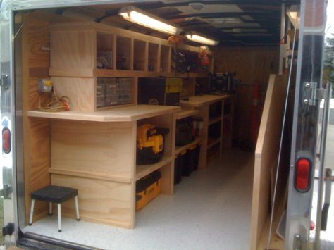 Contractor Tool Trailer Setup | thank you everyone for the ideas for my trailer i finished it thought ... Trailer Shelving, Build Shelves, Van Shelving, Trailer Organization, Work Trailer, Cargo Trailer Conversion, Mobile Workshop, Enclosed Trailer, Trailer Storage