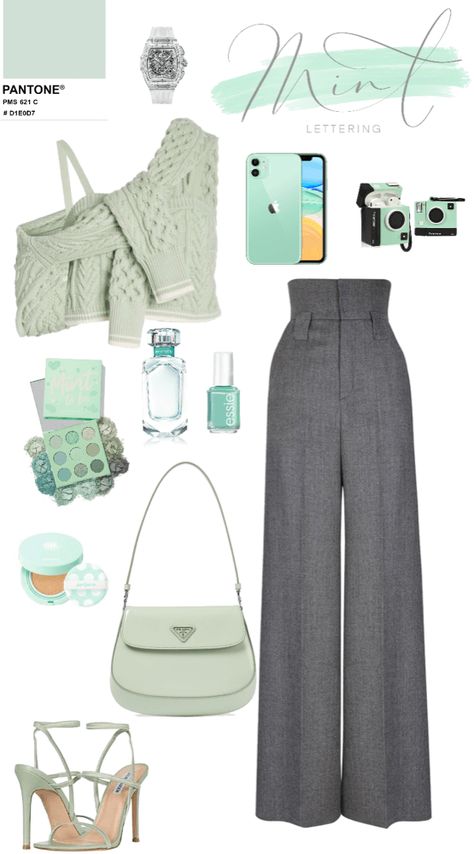 Mint Green Boots Outfit, Mint Blazer Outfit Work Wear, Mint And Grey Outfit, Mint Color Outfit Ideas, Mint Outfit Aesthetic, Grey And Green Outfit Ideas, Mint Green Bag Outfit, Mint Bag Outfit, Mint Green And White Outfit