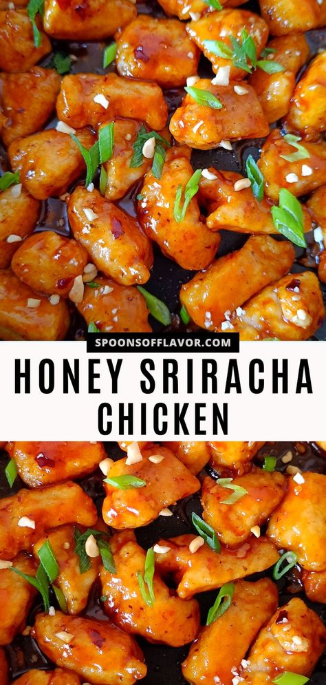 Image showing honey sriracha chicken in a nonstick pan. Pineapple Sriracha Chicken, Honey Sriracha Chicken Bites, Honey Sriracha Chicken Tacos, Sticky Honey Sriracha Chicken, Honey Sriracha Chicken Meal Prep, Honey Siracha Chicken Protein, Crockpot Honey Siracha Chicken, Honey Sarachi Sauce Recipe, Honey Sriracha Chicken Crockpot