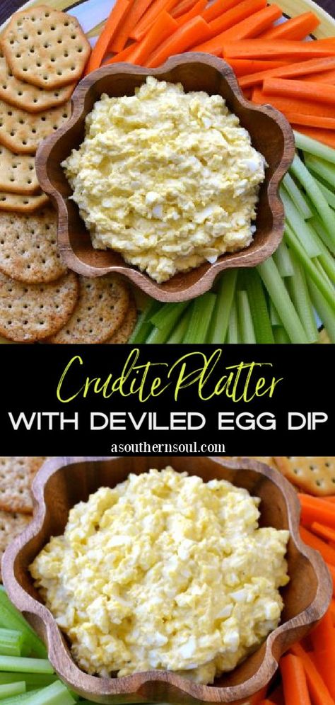 This Crudités Platter with savory, creamy, Deviled Egg Dip is a fresh twist on a classic appetizer! This simple 6-ingredient recipe is ready in just 10 minutes. Whether you’re casually entertaining friends, attending a potluck, or hosting a holiday feast, Deviled Egg Dip is sure to be the talk of the party! Deviled Egg Dip, Egg Dip, Appetizers Cold, A Southern Soul, Crudite Platter, Classic Appetizers, Appetizers For A Crowd, Appetizer Ideas, Delicious Appetizer Recipes