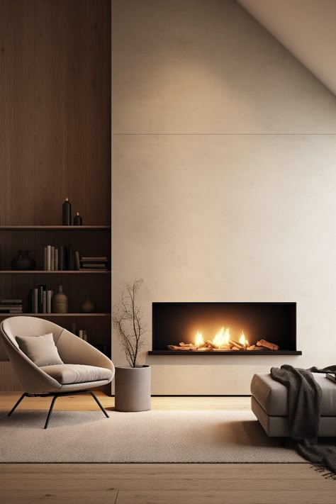 This fireplace is perfect for anyone who appreciates simple minimalistic design. The plain white fireplace has a stylish rectangular opening. The wooden floor is simple and natural with a light tone. A thick carpet ties the soft grey chair and footrest together. The darker wooden bookshelf is integrated to the wall. A concrete plant pot with a dry branch create a modern brutalist detail. The cozy blanket makes you want to snuggle in front of the fireplace. Minimalistic Fireplace, Minimal Fireplace, Fireplace Room, Concrete Plant Pots, Wooden Bookshelf, Dry Branch, White Fireplace, The Fireplace, Wooden Floor