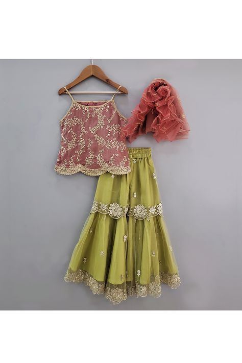 https://www.stylemylo.com/products/rose-pink-golden-embroidered-kurta-with-olive-green-sharara-and-dupatta Green Sharara, Girls Long Skirts, Kids Ethnic Wear, Kids Dress Collection, Diy Fashion Scarf, Wedding Dresses For Kids, Kids Dress Wear