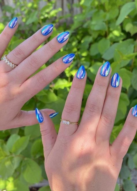 16 Fourth of July Nail Ideas | The Everygirl Chrome Nails Blue Purple, Two Tone Chrome Nails, Fourth Of July Nail Ideas, Chrome Almond, Blue Chrome Nails, Summer Nails Almond, Star Nail Designs, Nail Designs Ideas, Fourth Of July Nails