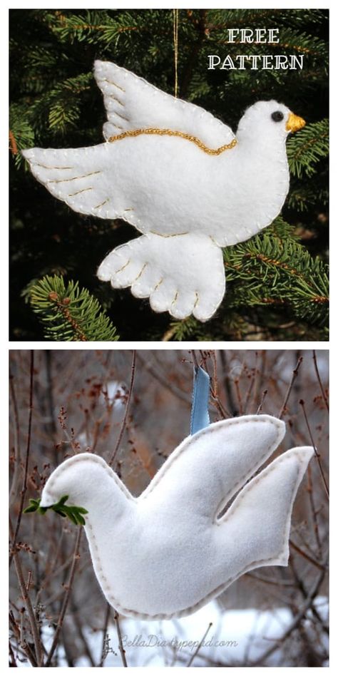 Chrismon Patterns Free, Felt Christmas Ornaments Patterns Free Bird Template, Dove Christmas Ornaments Diy, Dove Ornaments Free Pattern, Felt Dove Pattern, Easy Sewing Patterns Free Templates, Felt Toy Patterns Free Templates, Felt Christmas Ornaments Templates, Felt Critters