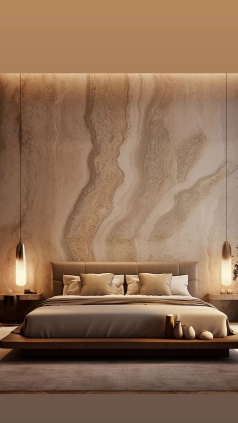 Travertine Bedroom Wall, Marble Wall Bedroom, Travertine Bedroom, Stone Wall Bedroom, Bed Minimal, Stone Headboard, La Bedroom, Wood Panel Bedroom, Phuket Villa