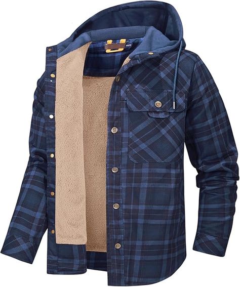 Mr.Stream Men's Hooded Coat Casual Thicken Plaid Work Flannel Snap Sherpa Lined Fleece Shirt Jacket Cotton Coat Men, Hoodie Flannel, Western Style Shirt, Rugged Style, Estilo Chic, Cooler Look, Cotton Coat, Mens Hooded, Casual Coat