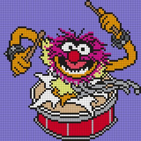 Animal "DRUMS" from The Muppets (Square Grid Pattern) Kandi Cuffs, Pony Bead Patterns, Kandi Patterns, The Muppets, Bead Sprite, Hama Beads Patterns, Stitch Cartoon, Disney Cross Stitch, Beaded Cross Stitch