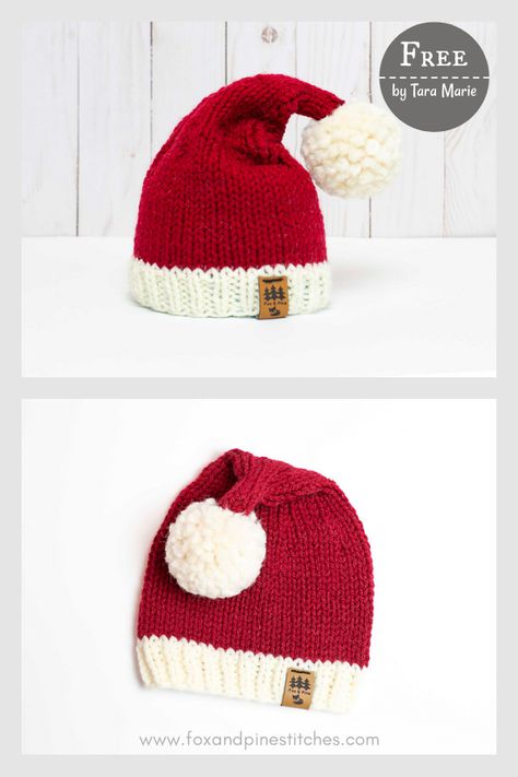 Santa Cap Christmas Hat Free Knitting Pattern Knit Santa Hat Pattern, Kids Christmas Hats, Knit Objects, Baby Crochet Hats, Christmas Scarves, Baby Christmas Hat, Crochet Baby Hats Free Pattern, Hat Free Knitting Pattern, Baby Santa Hat