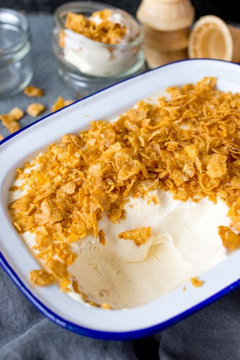 An easy make-at-home ice cream with all the flavour of cereal milk! (Crunchy Nut Cornflake flavour) No ice-cream maker required! Gelato Photoshoot, Corn Flake, Cream Photo, Artisan Ice Cream, Ice Cream Photography, Nugget Ice, Milk Dessert, Ice Making, Nugget Ice Maker