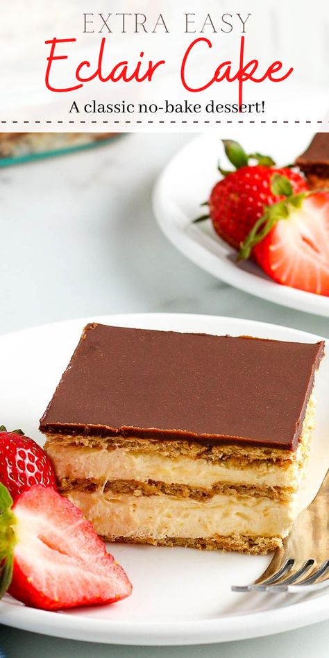 This decadent No Bake Chocolate Eclair Cake is the perfect summer dessert for your sweet tooth. This eclair-style cake is made with graham cracker layers, creamy pudding layers and a layer of rich chocolate ganache! #eclaircake #chocolateeclaircake #eclaircakerecipe #chocolateeclaircakerecipe #nobakecake #eclairrecipe #chocolateeclairrecipe #nobakecakerecipe Chocolate Gram Crackers Desserts, No Bake Chocolate Eclair Cake, No Bake Chocolate Eclair, Eclair Dessert, Gram Cracker, Chocolate Eclair Recipe, Chocolate Eclair Dessert, Eclairs Dessert, Eclair Cake Recipes