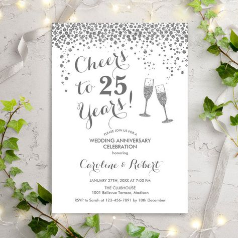 Cheers to 25th Anniversary - Silver White Invitation Gold White Invitation, 65th Birthday Invitations, Cheers To 50 Years, Elegant Birthday Invitations, Birthday Elegant, Sixtieth Birthday, White Invitation, 80th Birthday Invitations, 21st Birthday Invitations