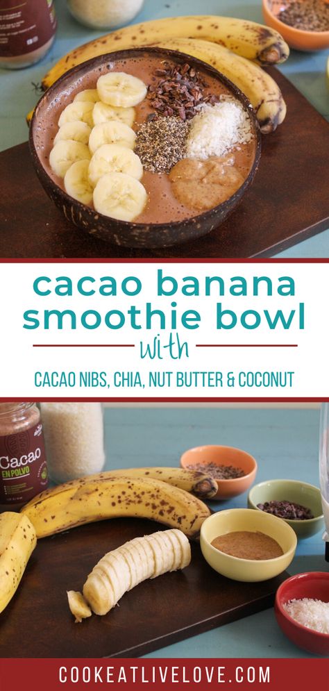 Enjoy a cacao banana smoothie bowl for breakfast!! It's perfect for those days when it's hot before the sun even comes up! Creamy cacao flavored frozen bananas create a delicious base for this easy chocolate smoothie bowl. Change up the toppings for new and different flavors every day. Cocoa Smoothie Bowl, Cacao Smoothie Bowl, Chocolate Smoothie Bowl Recipe, Coconut Smoothie Bowl, Cacao Smoothie, Chocolate Smoothie Bowl, Chocolate Banana Smoothie, Banana Smoothie Bowl, Frozen Bananas