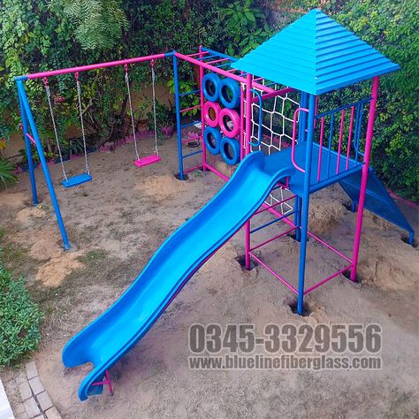 Outdoor Playset and playground equipment Slide, Swing and Jungle gym maker in Karachi Pakistan | Blue Line Fiberglass Karachi Pakistan Play Ground Backyard, Jungle Gym Outdoor, Kids Gym Equipment, Swings For Kids, Backyard Slide, Home Playground, Tire Playground, Kids Outdoor Play Equipment, Kids Outdoor Playground