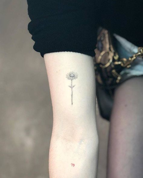 Healed single needle daisy flower tattoo on Maisie Small Daisy Tattoo, Daisy Tattoo Designs, Daisy Flower Tattoos, Female Tattoos, Single Needle Tattoo, Men Tattoos, Daisy Tattoo, Healing Tattoo, Sunflower Tattoos