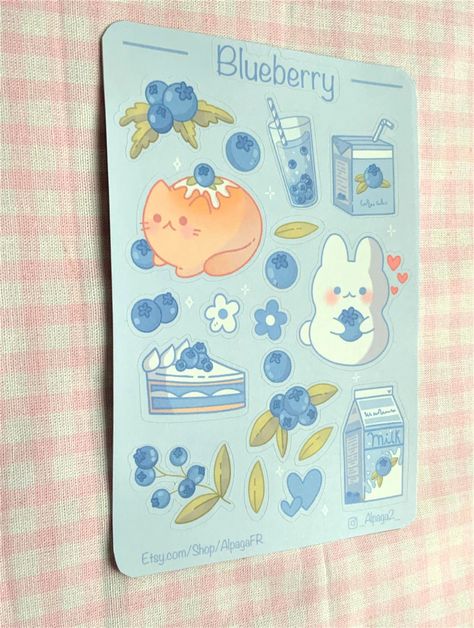 Blueberry Sticker Sheet Vinyl/matte A6 - Etsy Cute Stickers Sheet, Sticker Sheet Cricut, Sticker Sheet Design, Sticker Sheet Ideas, Sticker Sheets Aesthetic, Kawaii Sticker Sheet, Juminocore Sticker Sheet, Cottagecore Sticker Sheet, Printable Sticker Sheets