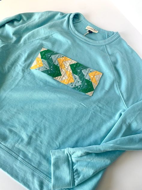 Quilt Block On Sweatshirt, Quilt Block Sweatshirt, Flying Geese Block, Quilt Coats, Sweater Tutorial, Quilted Coats, Quilted Clothing, Money Savvy, Quilted Sweatshirt