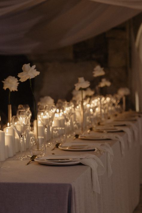 Otherworldly Decadence - Wedding Reception Inspiration - The Lane Textured Table Linen Wedding, Wedding Long Tablescape, Wedding Reception 2023, Classy Table Settings Wedding, Oatmeal Table Cloth Wedding, Ethereal Wedding Tablescape, Flower Less Wedding, Romantic Wedding Design, Romantic Wedding Tablescape