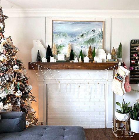 Bottle Brush Tree Mantle Display, Diy Christmas Village Houses, Yarn Garland, Diy Christmas Village, Bottle Brush Christmas Trees, Holiday Mantel, Christmas Village Houses, Brush Trees, Christmas Centerpieces Diy