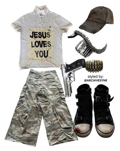 Tee: JESUS LOVES YOU @goran__tosic Pants: CRöTCH Cargos @crimsonflowstudios Spine corset: Alexander McQueen ‘Spine Corset’ SS 98 via @apparelarchived Cap: JCAESAR 24S/S Dirty Peaked Cap via @jcaesar_studio Belt: Unknown Weapon: PT 58 HC Plus Stainless Steel Footwear: @terifyings Archive Alexander Mcqueen, Spine Corset, Archive Outfits, Alexander Mcqueen 22, Alexander Mcqueen Early Work, Apocalypse Oc, Alexander Mcqueen Spine Corset, Alexander Mcqueen 2006 Spring, Graffiti Writing